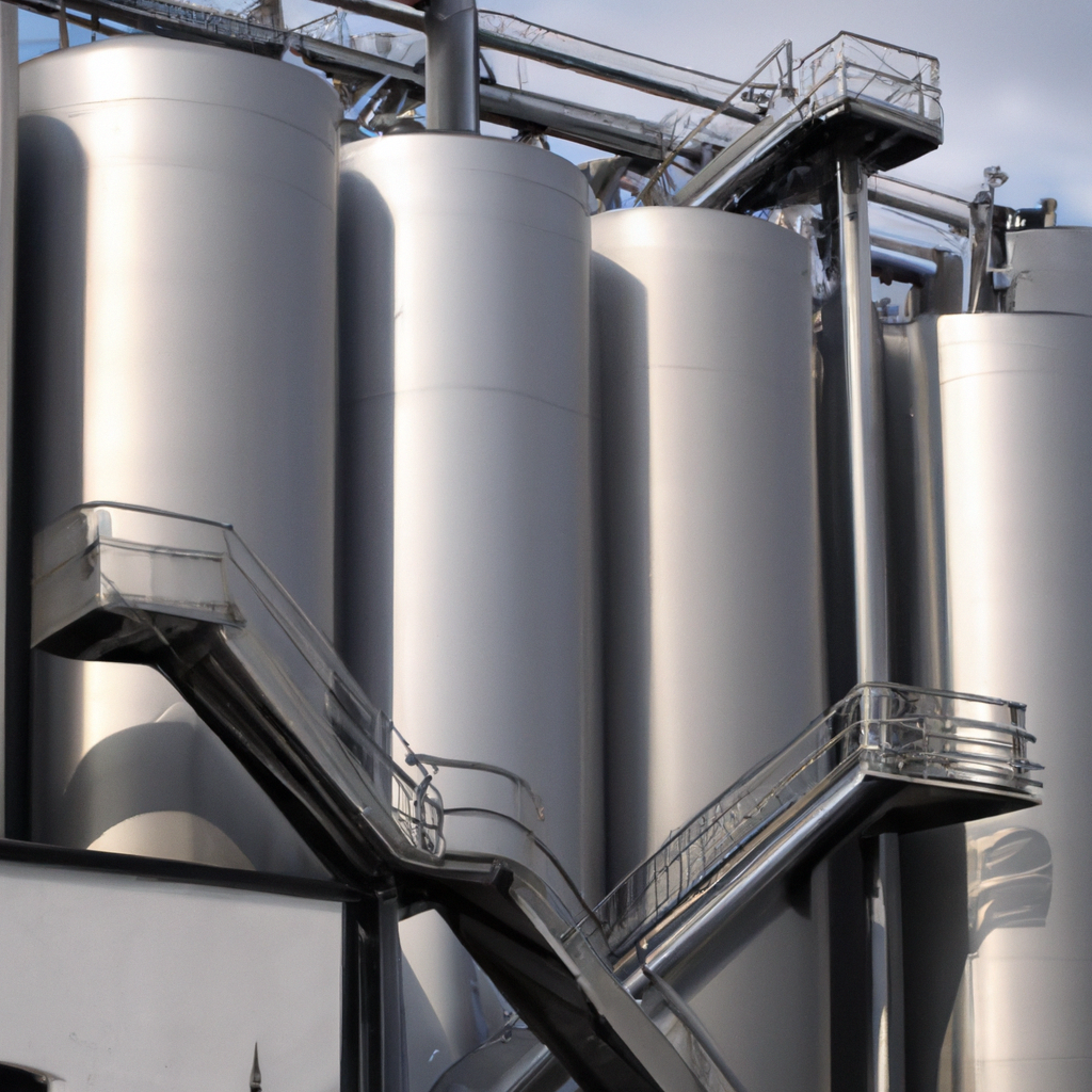 Silberne Silos mit Treppe und Rohrleitungen an einer Industrieanlage.